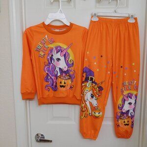 NWT 2pc Boutique Orange Halloween Unicorn Top & Joggers Set sz 7